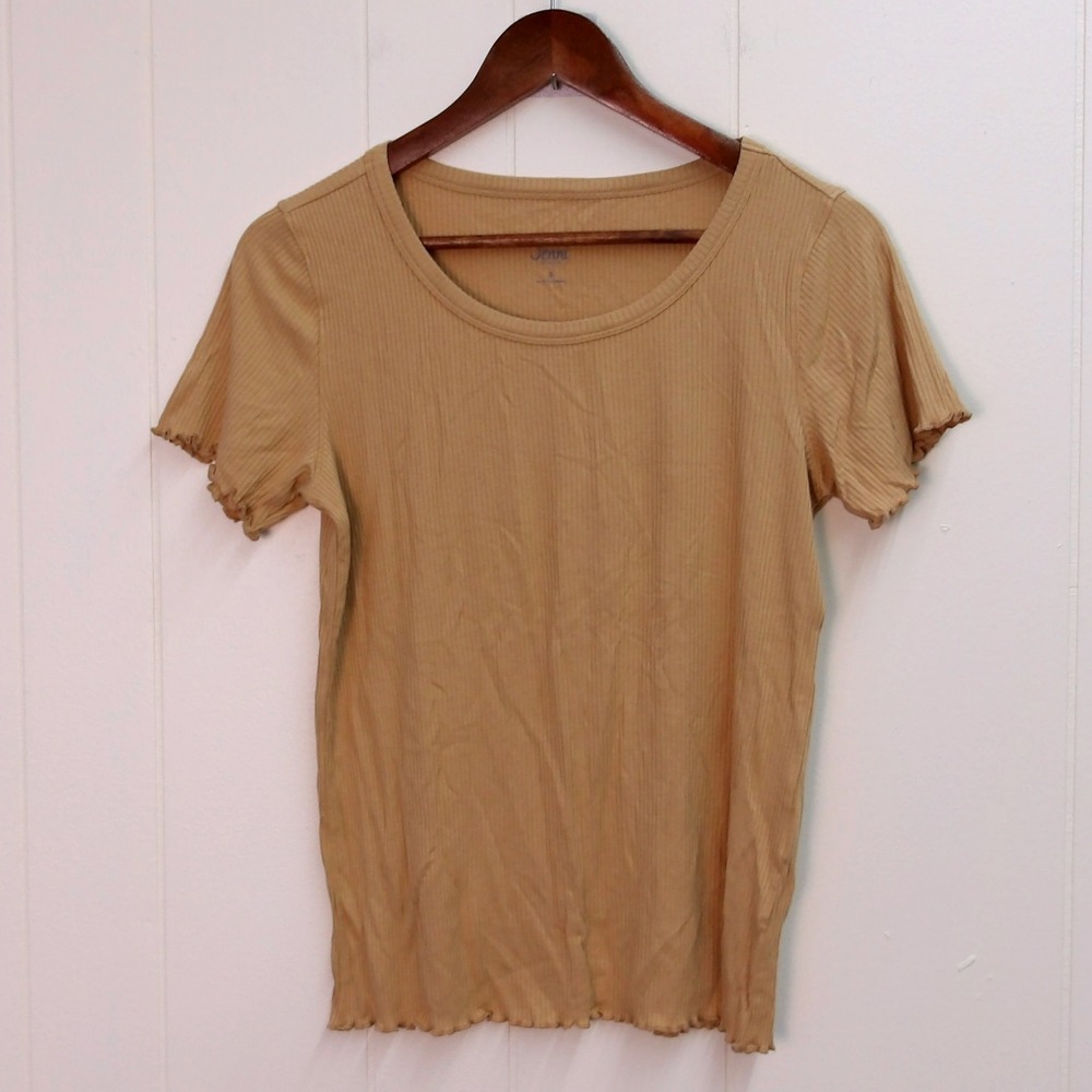 Ribbed Ruffle Trim Tee T-Shirt Natural Camel Beige Women's Small‎ / #9180
